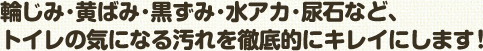 輪じみ･黄ばみ･黒ずみ･水アカ･尿石など､ トイレの気になる汚れを徹底的にキレイにします！